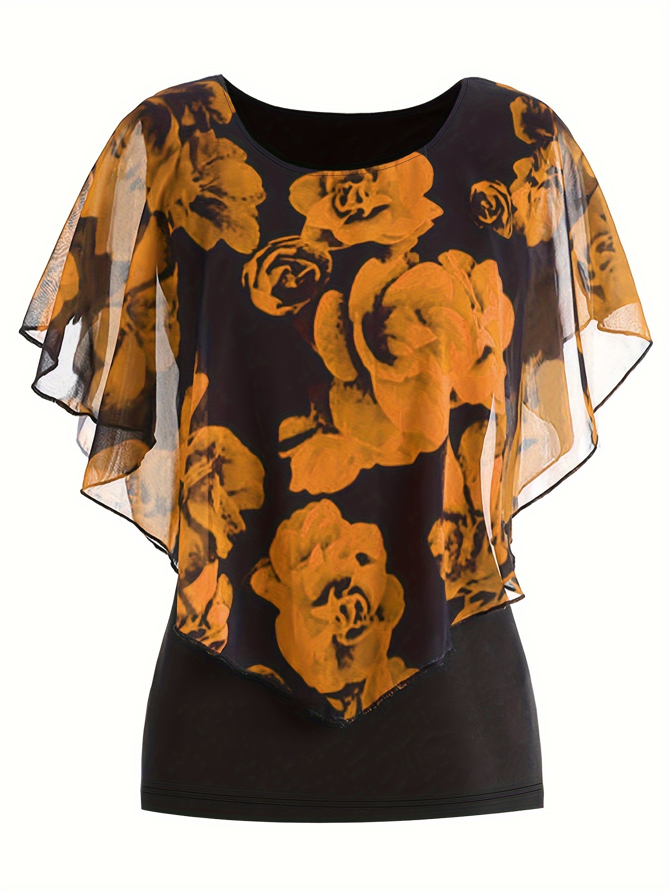 Blouse à col rond à manches chauve-souris en tissu extensible imprimé rose élégante avec illusion superposée – Image 6