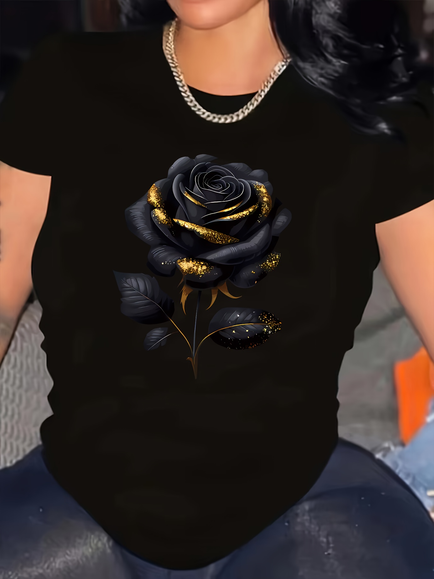 T-shirt à manches courtes à col rond imprimé rose élégant – Image 2
