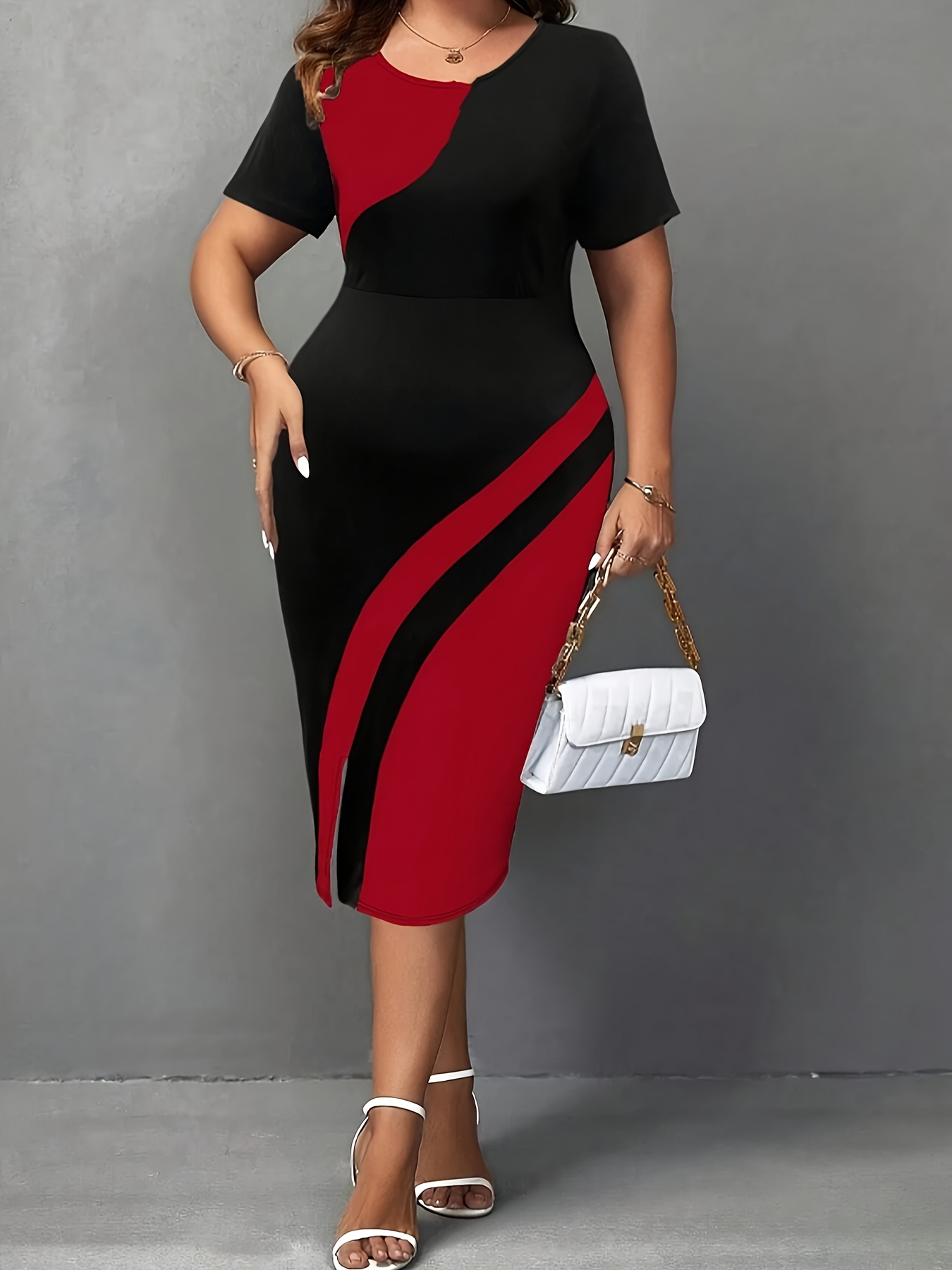 Robe crayon élégante à col rond à manches courtes avec ourlet fendu – Image 5