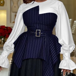 Robe élégante à rayures verticales à manches longues à col rond avec poignets à volants