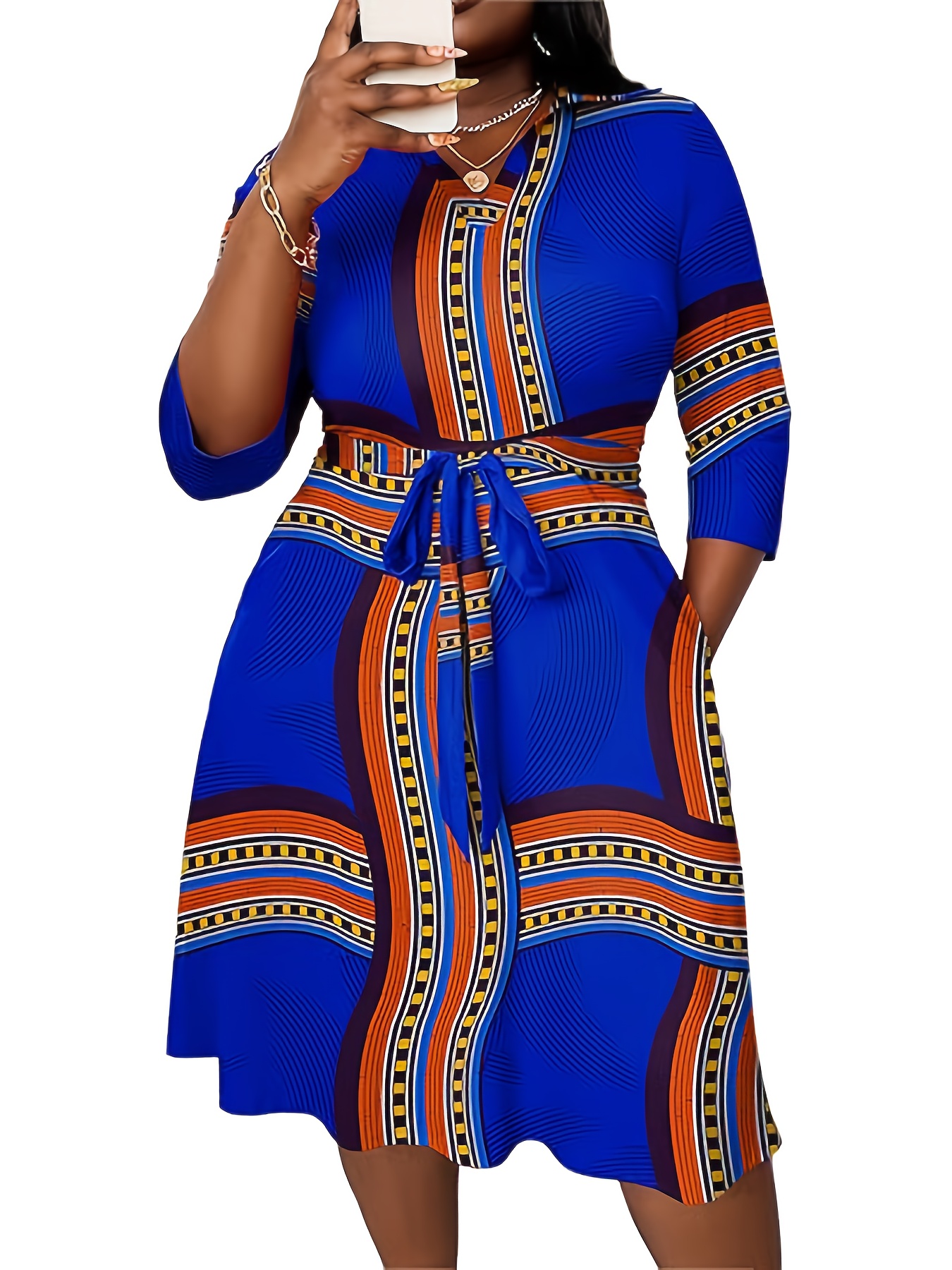 Robe extensible à col V avec ceinture à manches mi-longues – Image 4