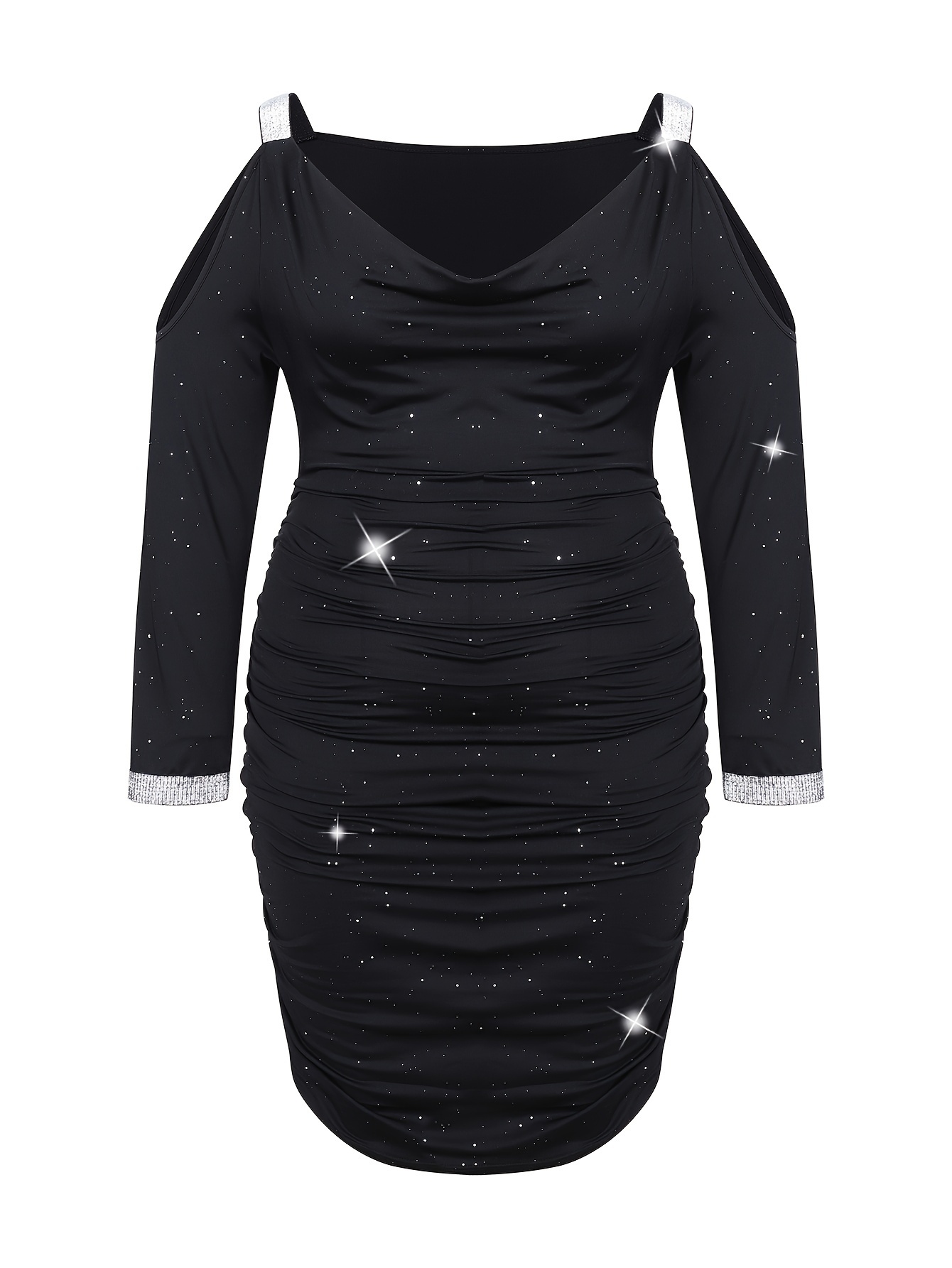 Robe moulante élégante avec détail étoile argentée à manches longues & épaules dénudées en tissu tricoté – Image 6