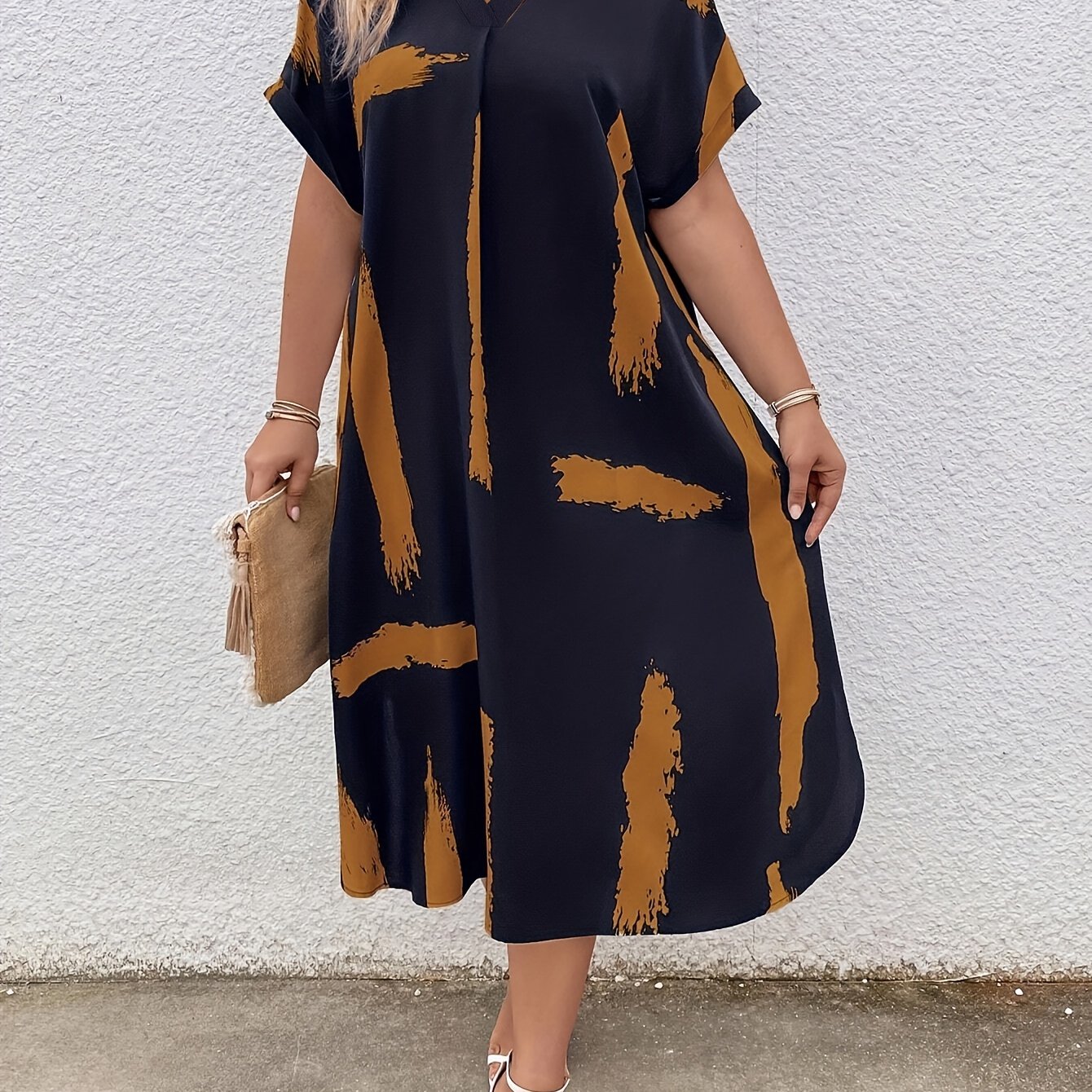 Robe imprimé colorblock à manches courtes & col V