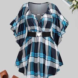 Chemisier à coeur en métal à manches courte plissé avec ceinture à col rond rayé élégant en tissu tricoté
