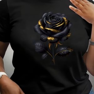 T-shirt à manches courtes à col rond imprimé rose élégant