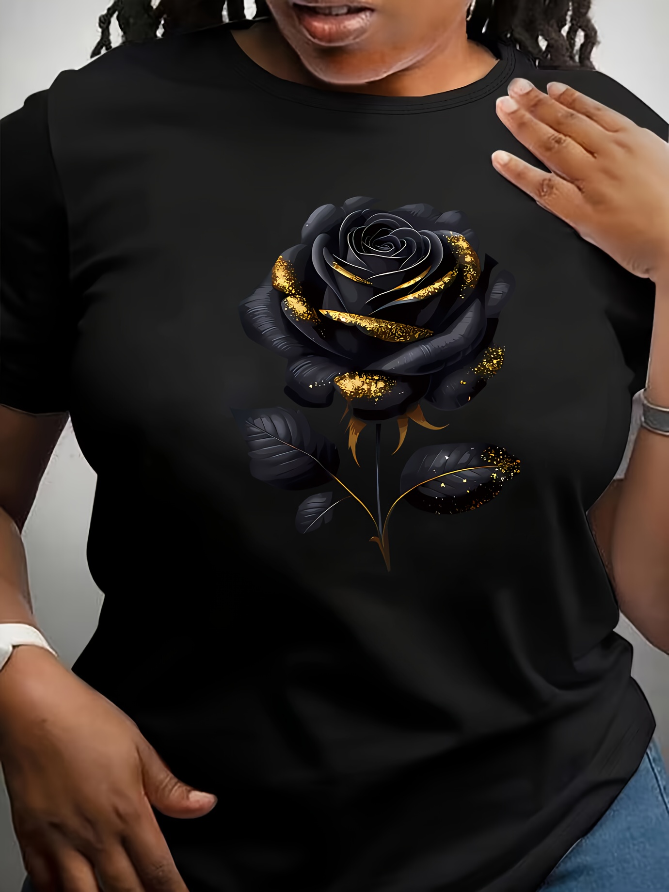 T-shirt à manches courtes à col rond imprimé rose élégant