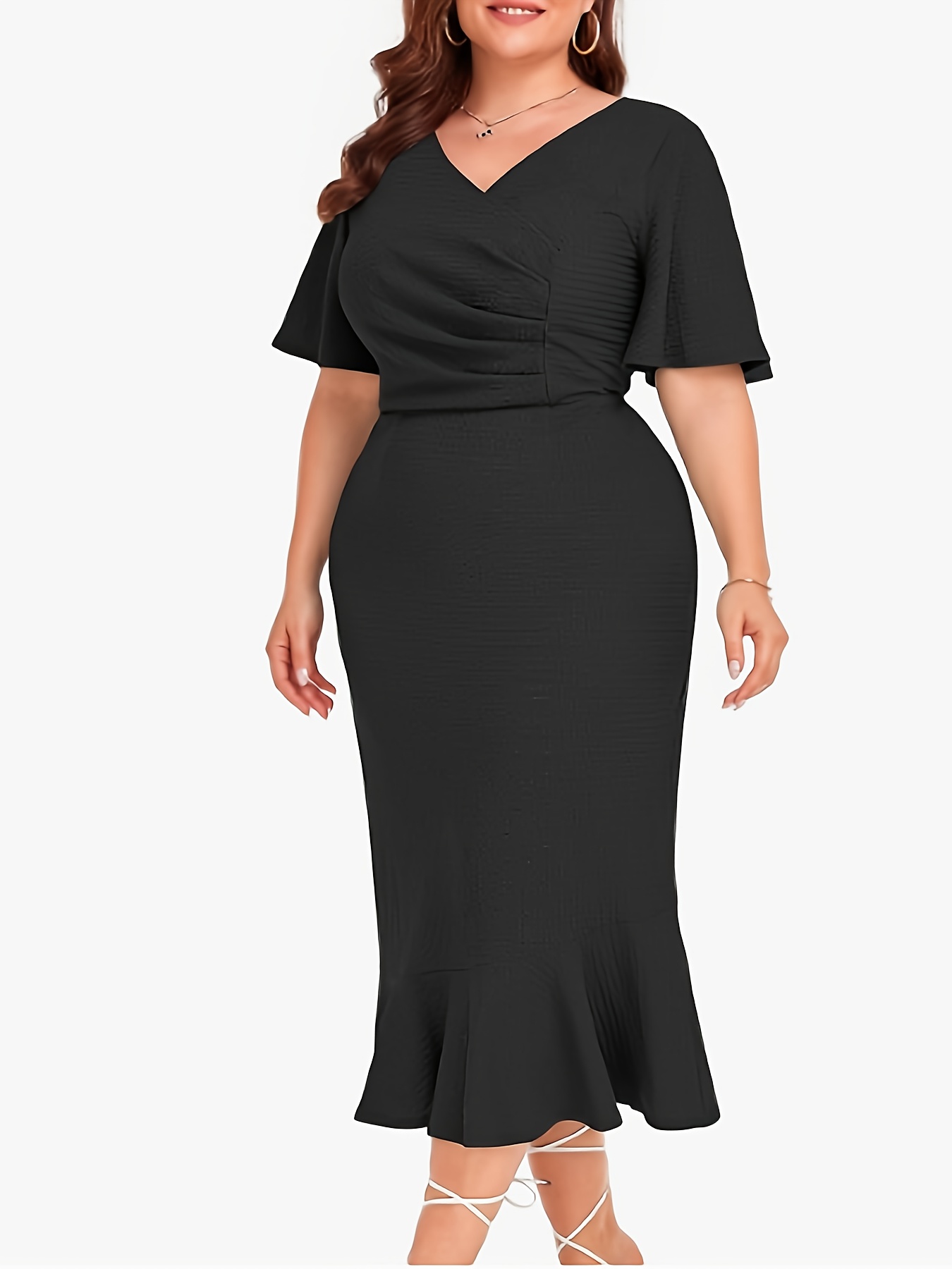 Robe sirène moulante extensible à manches courtes en col V avec ourlet à volants & plis – Image 8