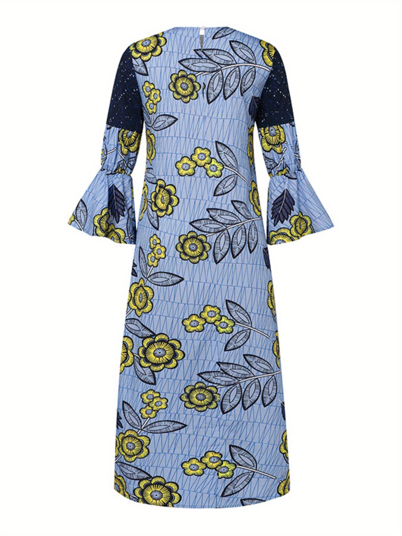 Robe africaine ample imprimé floral à manches longues à col rond en tissu tissé non extensible – Image 8