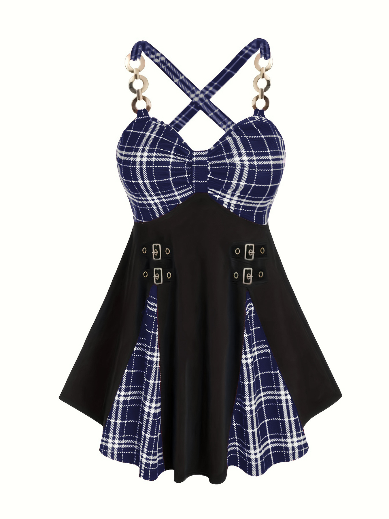 Robe élégante avec imprimé à carreaux & bretelles en métal sans manches – Image 3