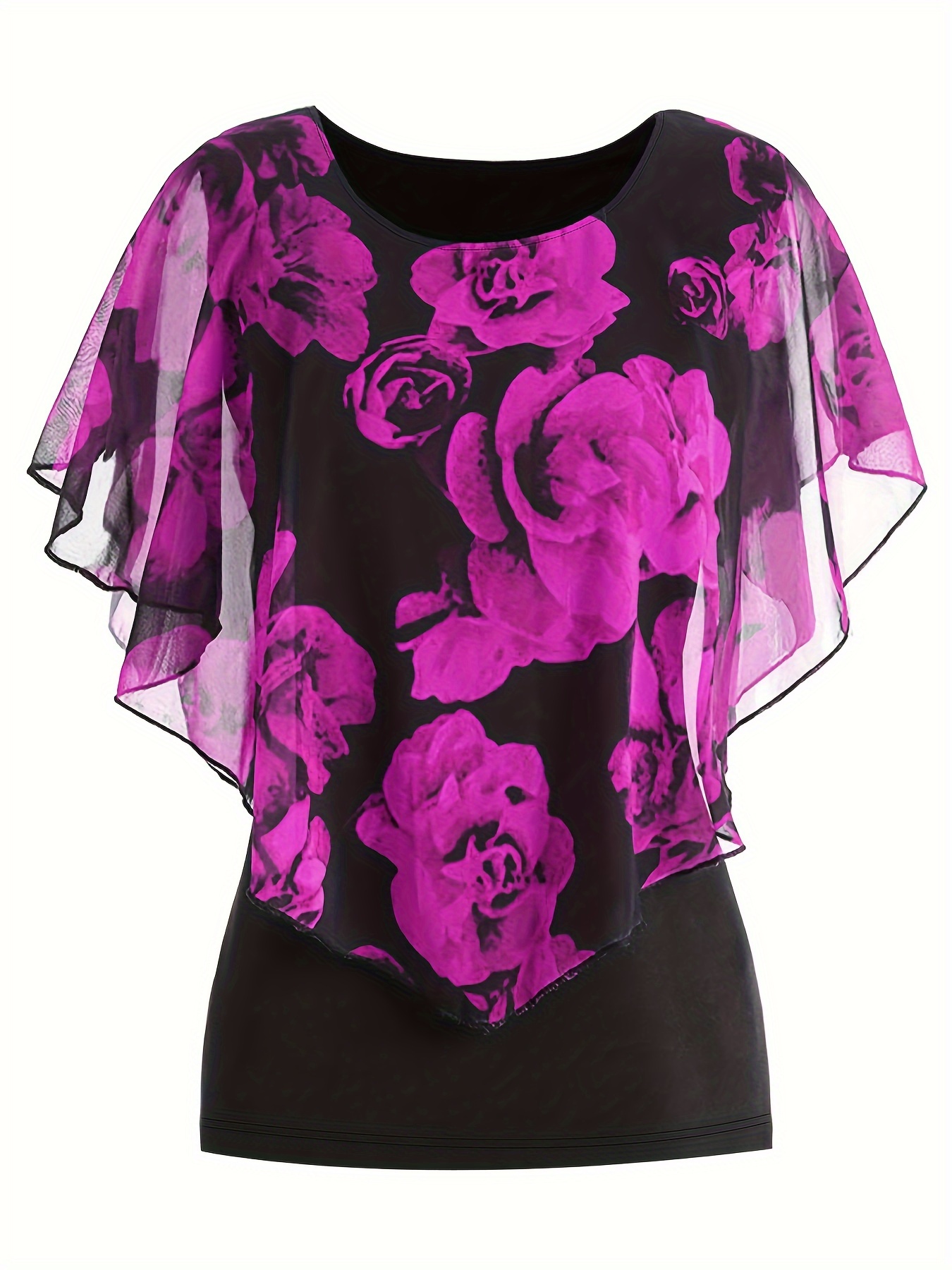 Blouse à col rond à manches chauve-souris en tissu extensible imprimé rose élégante avec illusion superposée – Image 2