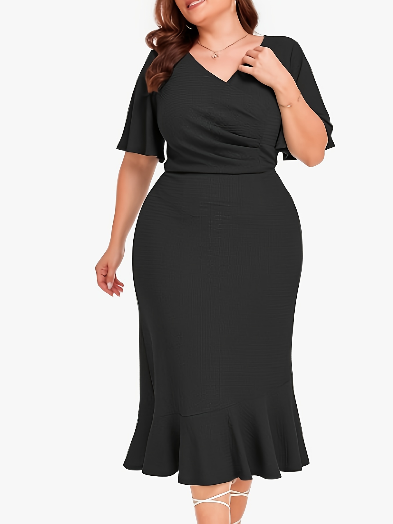 Robe sirène moulante extensible à manches courtes en col V avec ourlet à volants & plis – Image 3
