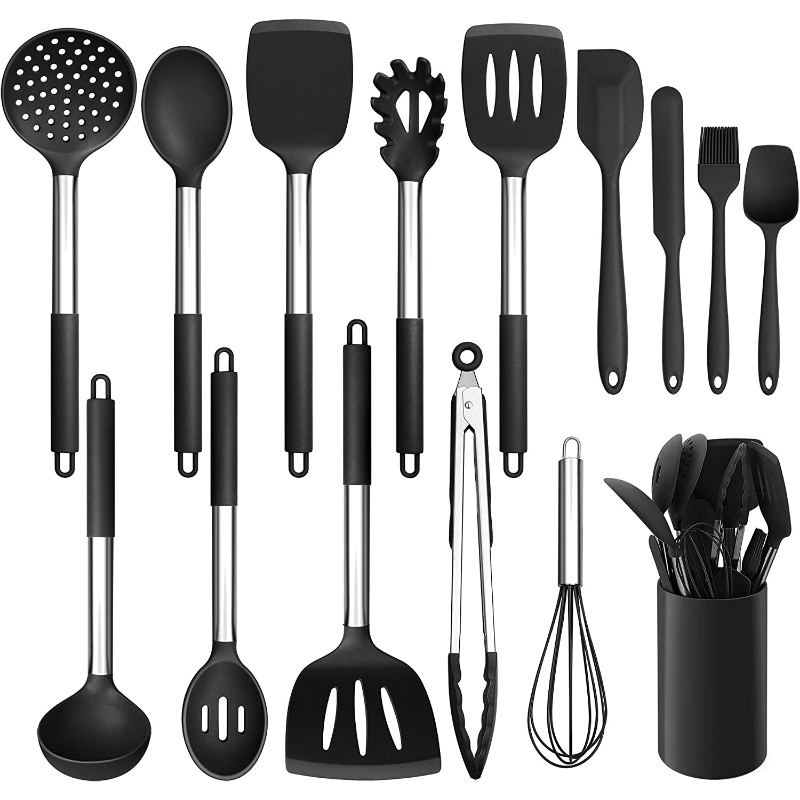 Ensemble de 15 ustensiles de cuisine en silicone avec manches en acier inoxydable – Image 2