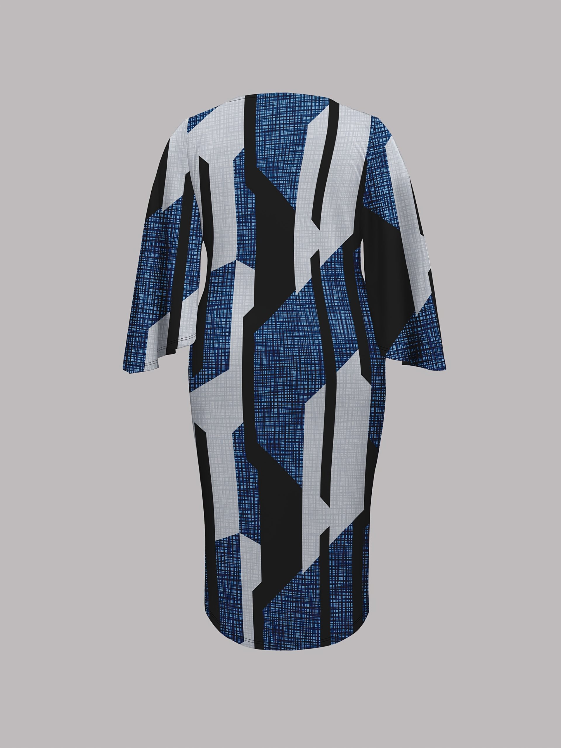 Robe à manches évasées à col rond imprimé blocs géométriques de couleur – Image 7