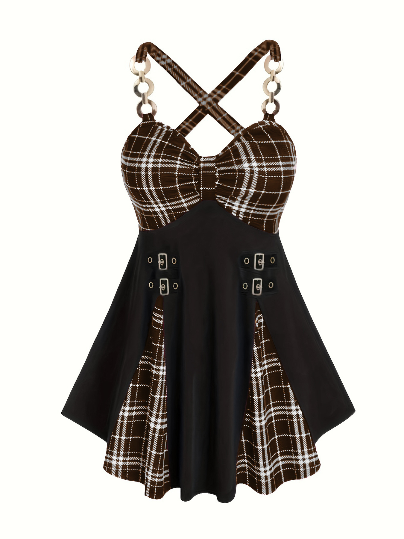 Robe élégante avec imprimé à carreaux & bretelles en métal sans manches – Image 2