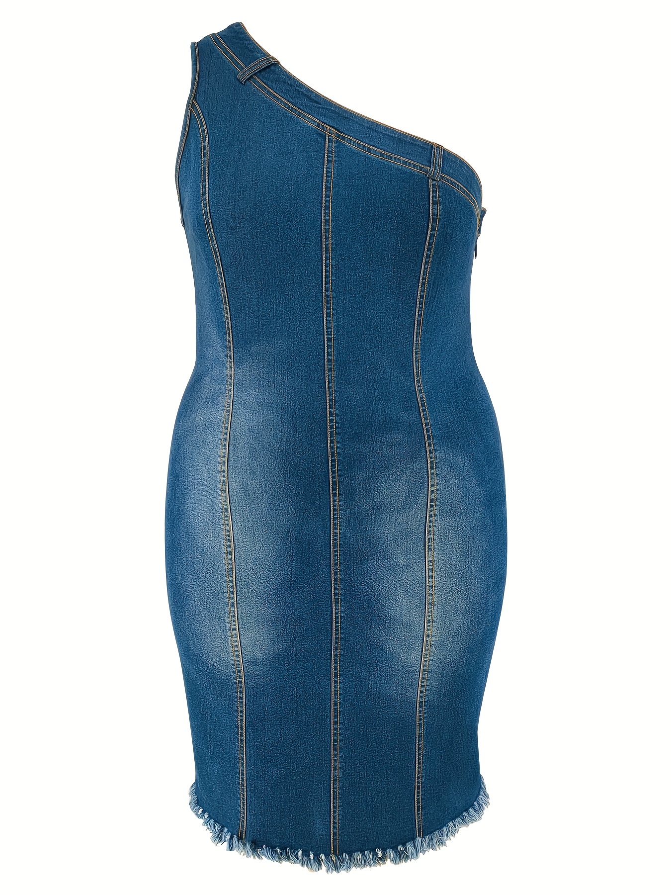 Robe extensible en denim avec ourlet asymétrique à épaules dénudées – Image 5