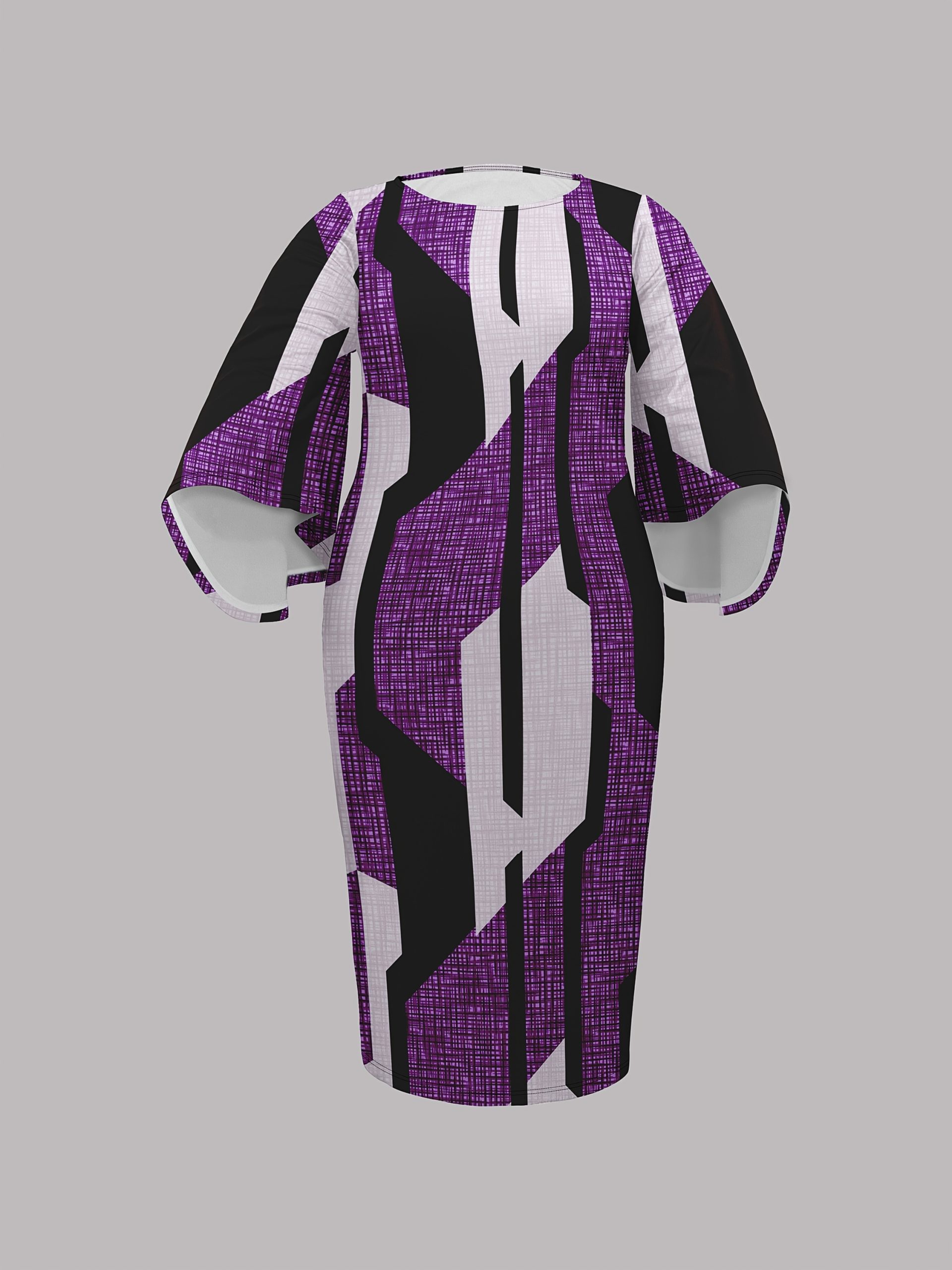 Robe à manches évasées à col rond imprimé blocs géométriques de couleur – Image 4