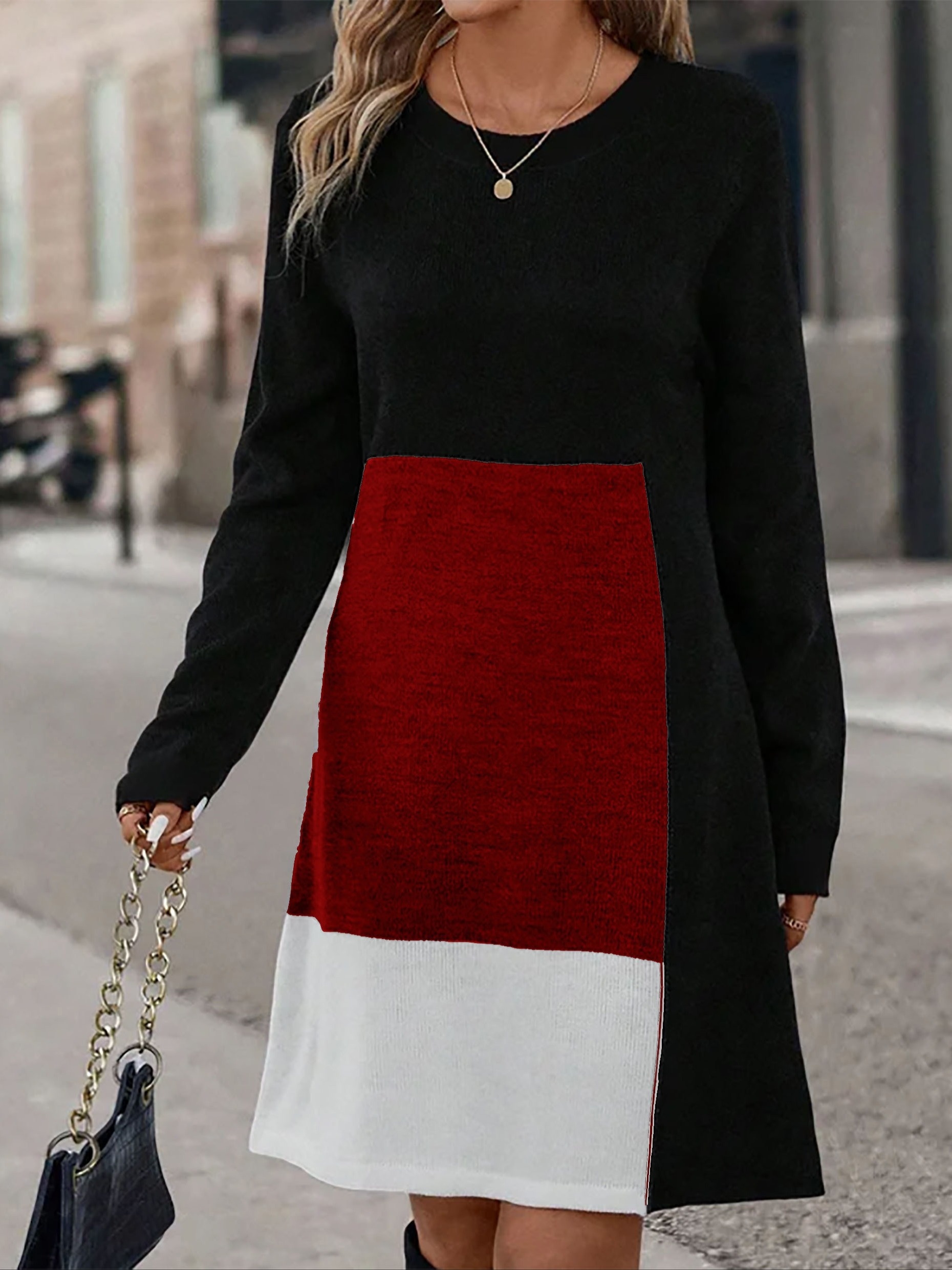 Robe à blocs de couleur en tissu tricoté à col rond à manches longues à élasticité moyenne – Image 7