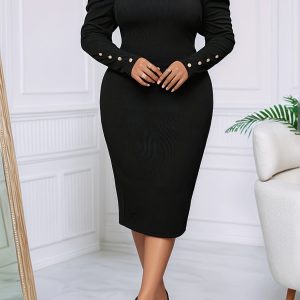 Robe moulante élégante à col montant à élasticité moyenne avec détails de boutons