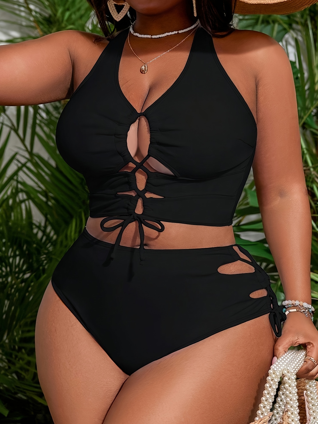 Bikini 2 pièces avec maillot, bustier à bretelles & cordes croisées – Image 3