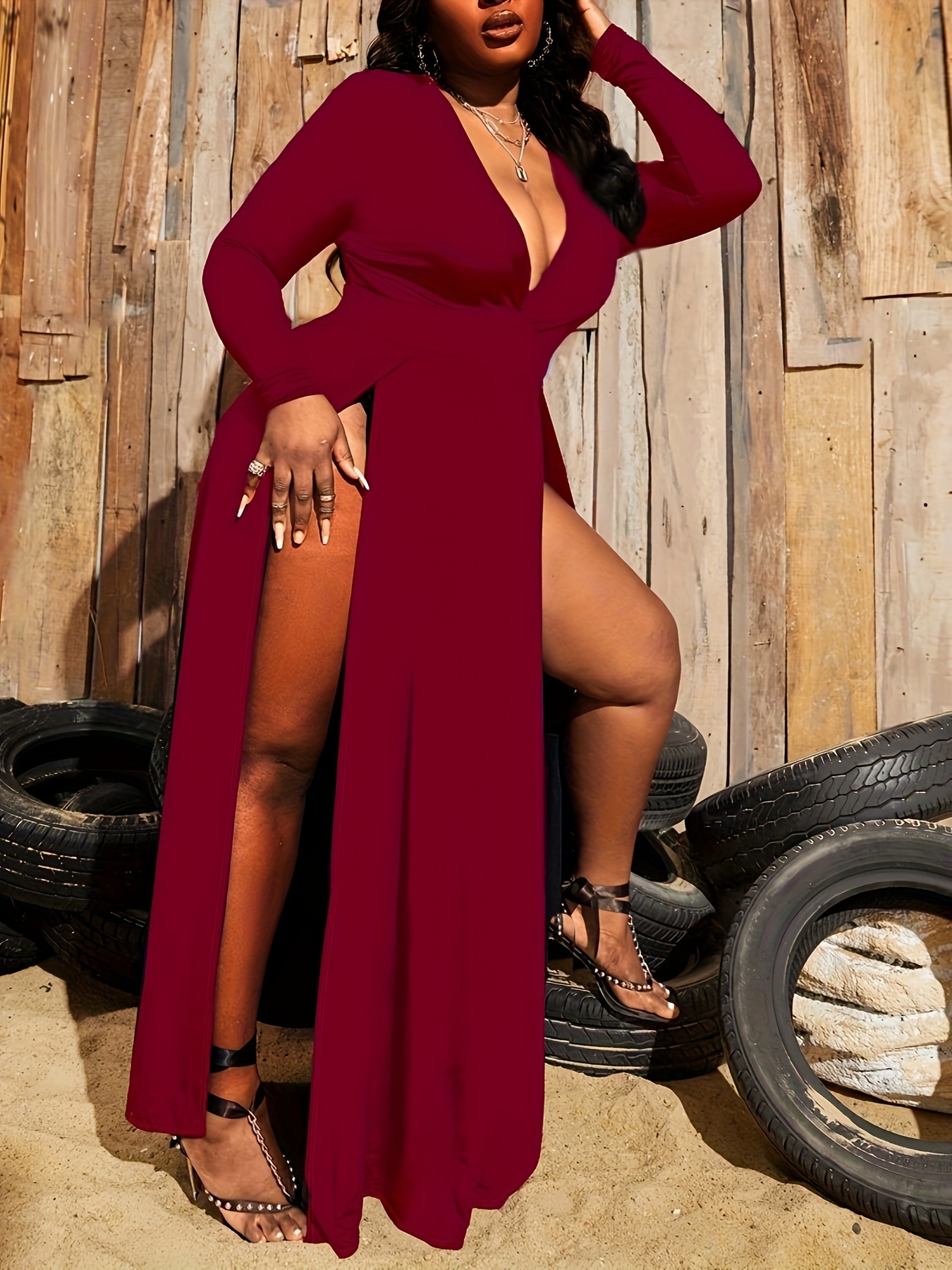 Robe sexy évasée à col V profond à manches longues – Image 5