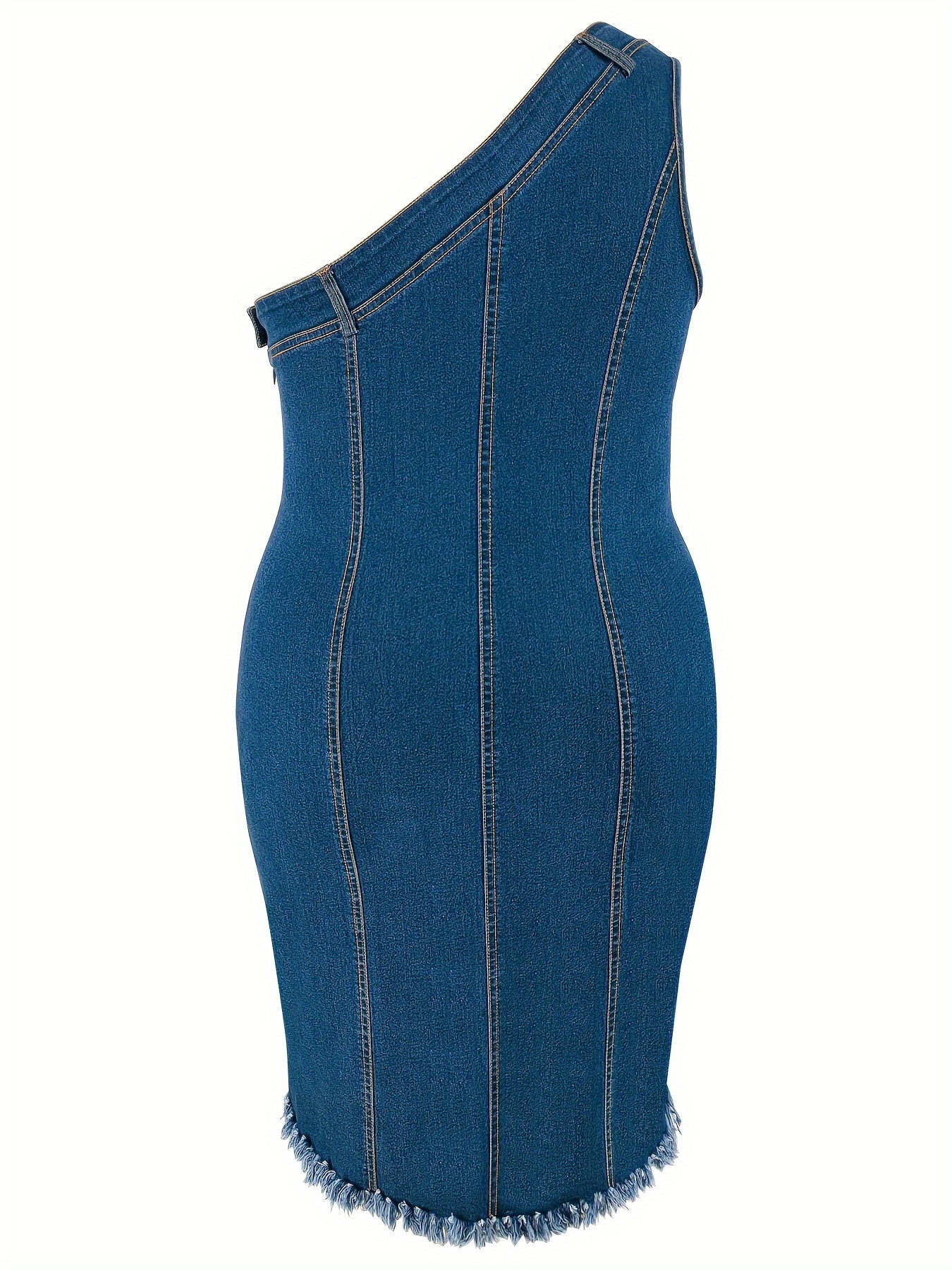 Robe extensible en denim avec ourlet asymétrique à épaules dénudées – Image 6