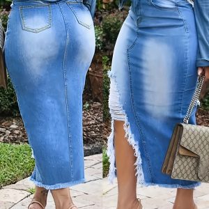 Jupe déchirée élastique taille haute en denim