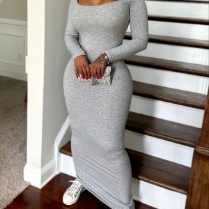 Robe moulante sexy extensible à manches longues à encolure carré