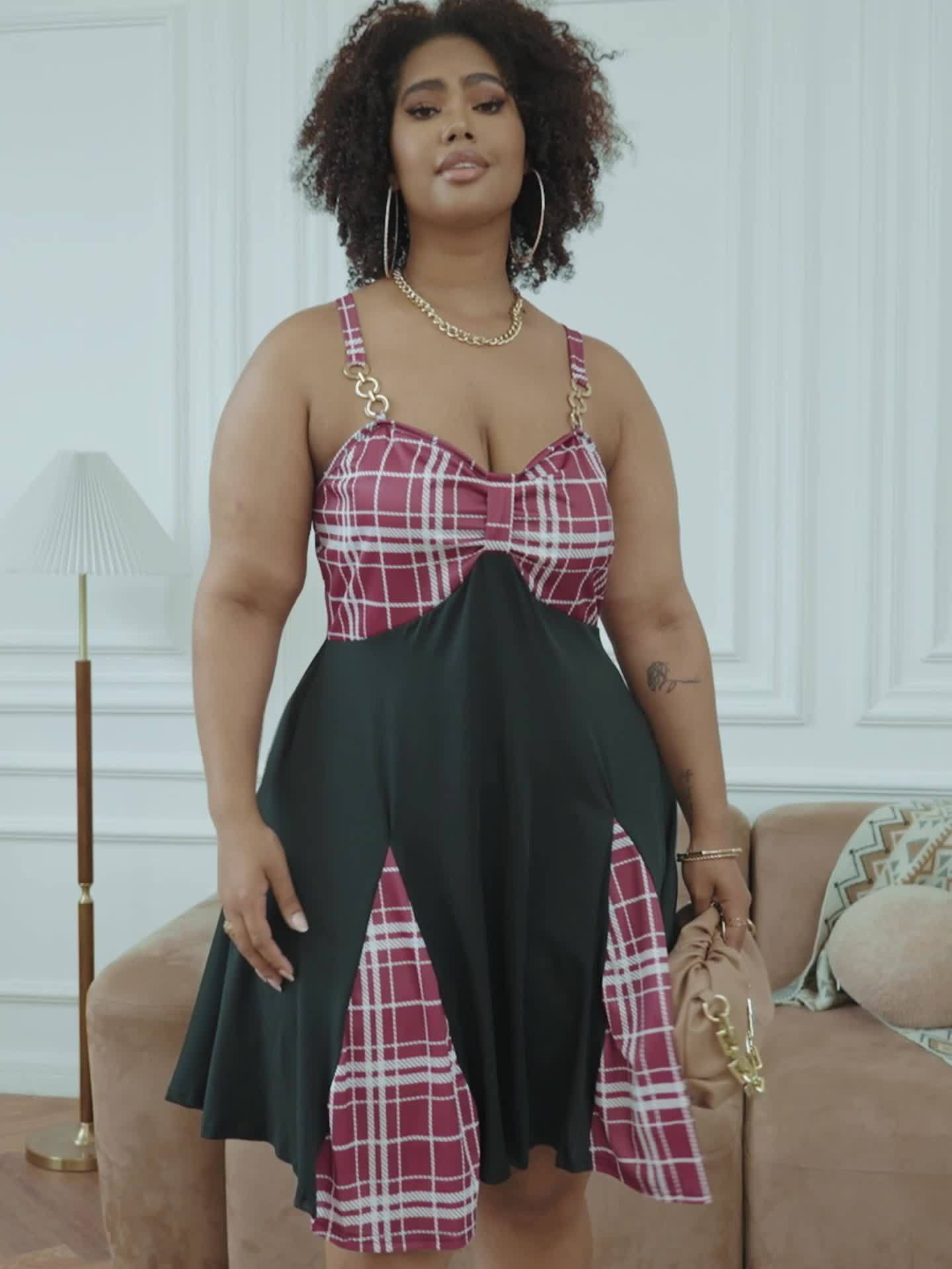 Robe élégante avec imprimé à carreaux & bretelles en métal sans manches – Image 11