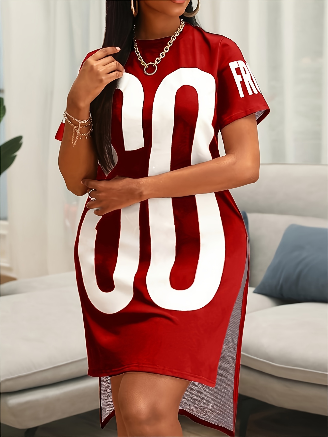 Robe fendue à manches courtes imprimé numérique – Image 4