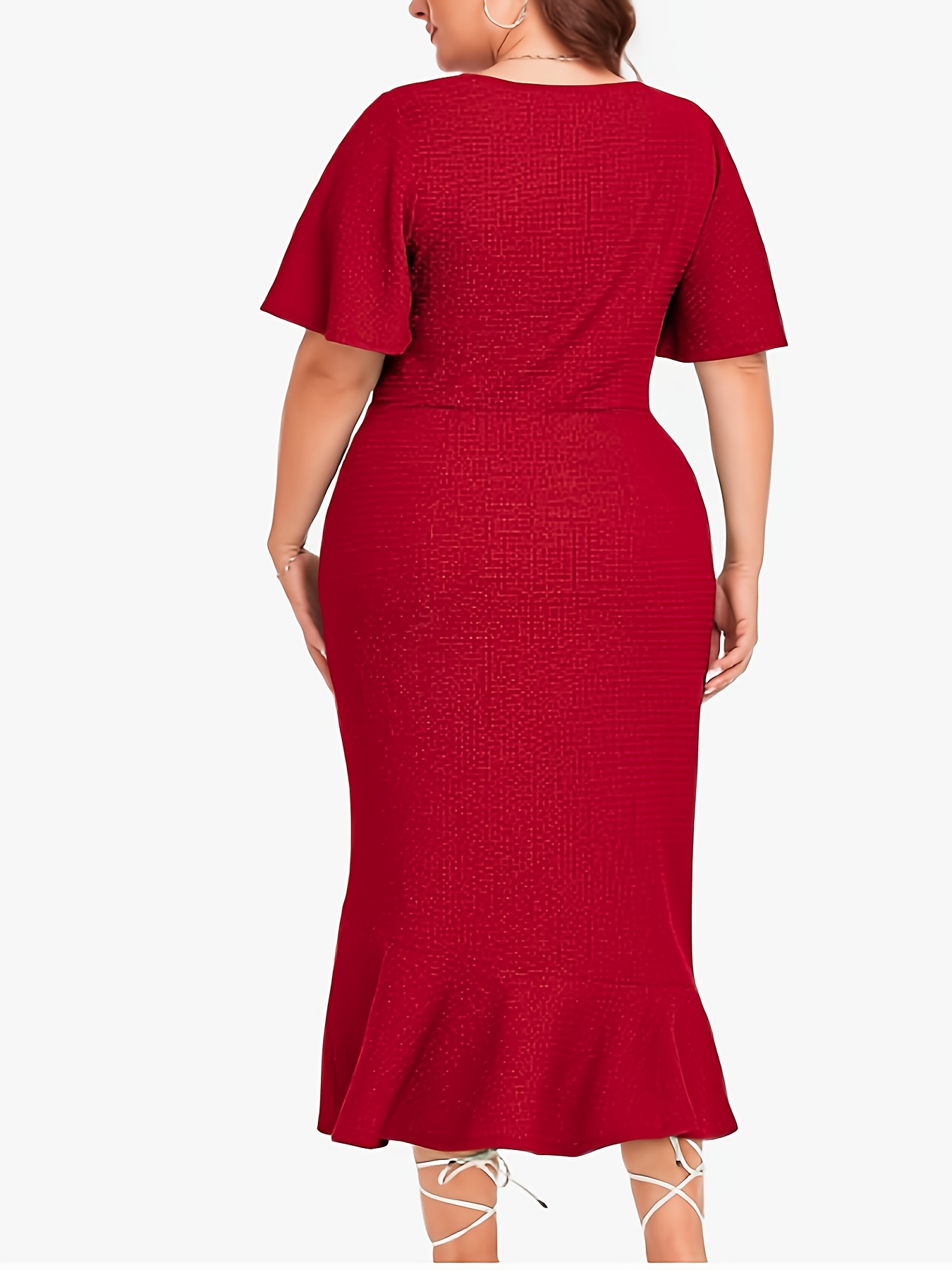 Robe sirène moulante extensible à manches courtes en col V avec ourlet à volants & plis – Image 9