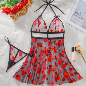 Nuisette transparente à dos nu à col V en dentelle florale avec son string ficelle
