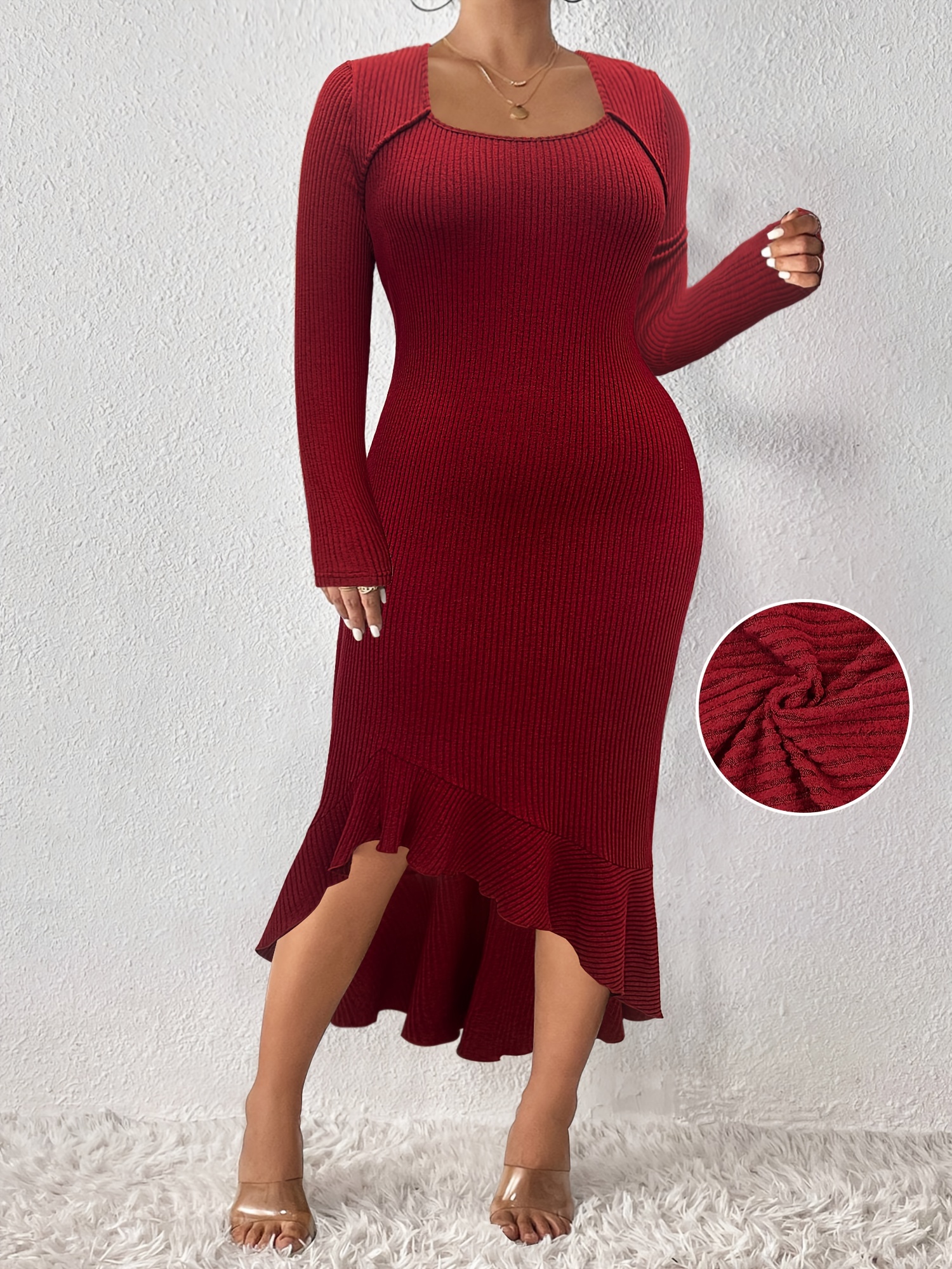 Robe pull moulante avec ourlet asymétrique à col carré en tricot côtelé à manches longues – Image 4