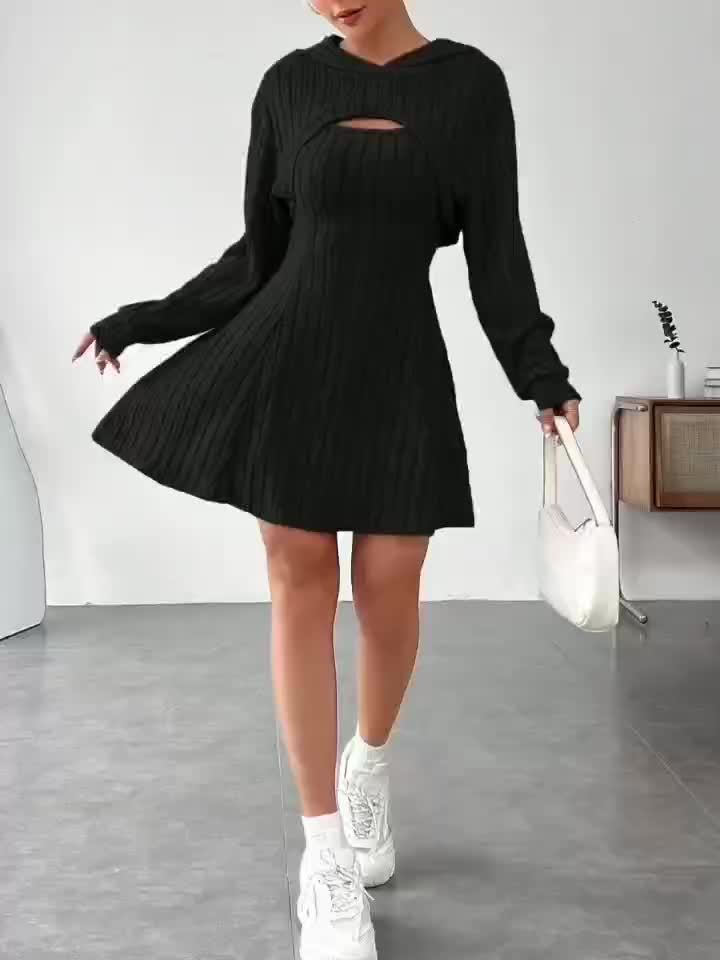 Ensemble robe en tissu tricoté hanche ample et haut super court à manches longues – Image 8