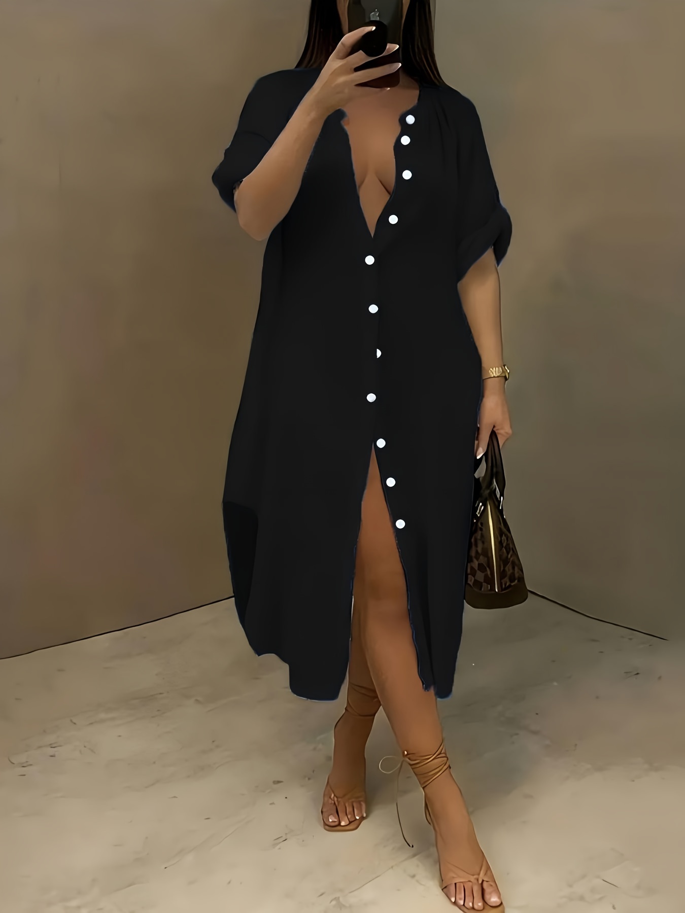Robe chemise longue à manches roulées à col rond – Image 7