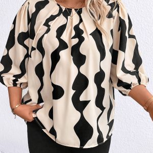 Blouse tissée élégante non extensible à col rond imprimé intégral à manche lanterne