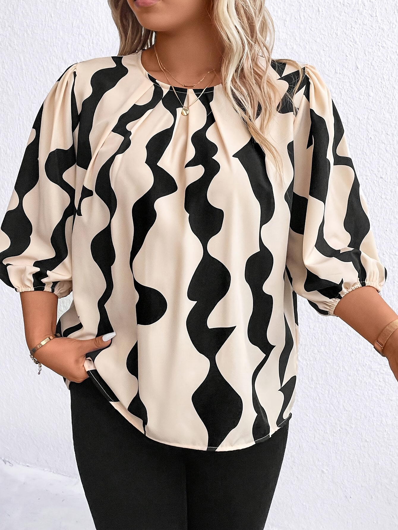 Blouse tissée élégante non extensible à col rond imprimé intégral à manche lanterne