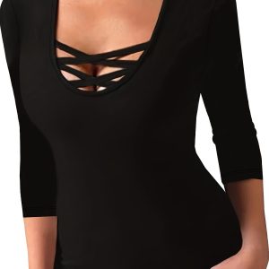 Haut à col rond avec décolleté bretelles croisées en tissu tricoté extensible à manches longues