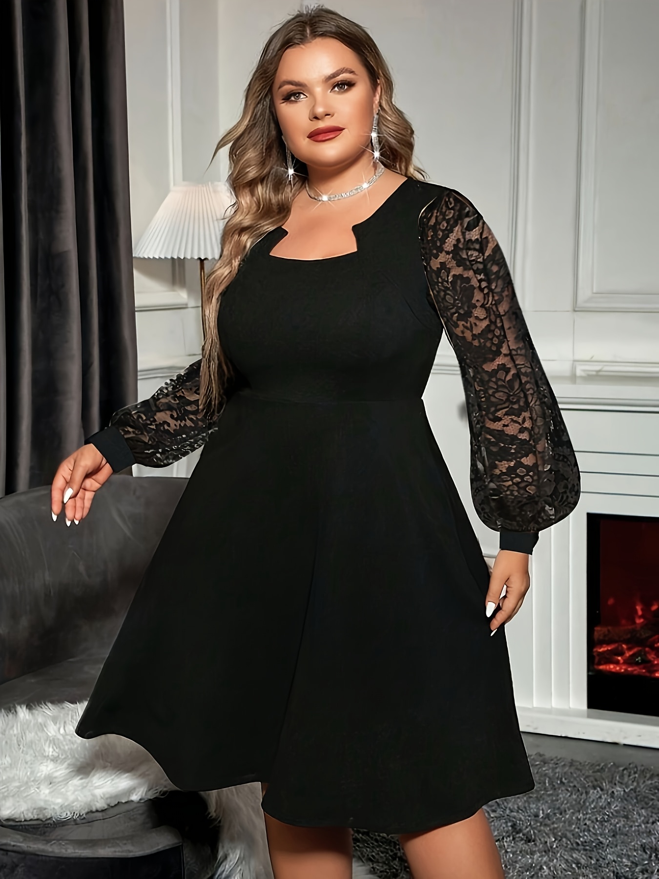 Robe élégante extensible à col V avec dentelle à manches longues – Image 2