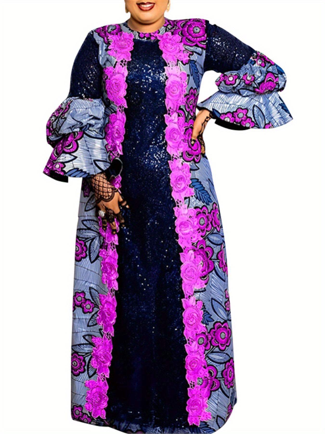 Robe africaine ample imprimé floral à manches longues à col rond en tissu tissé non extensible – Image 4