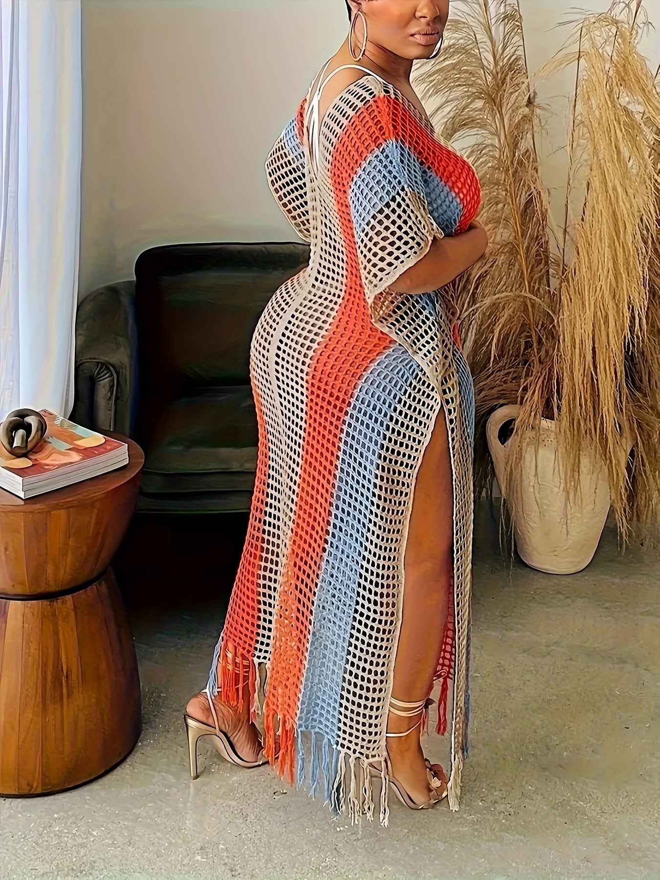 Robe de plage ample à rayures colorées tricotées ajourées sans bikini – Image 3