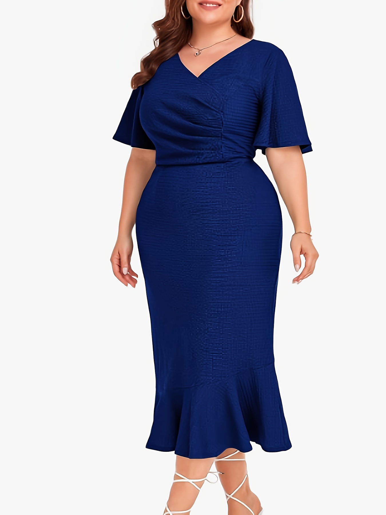 Robe sirène moulante extensible à manches courtes en col V avec ourlet à volants & plis – Image 11