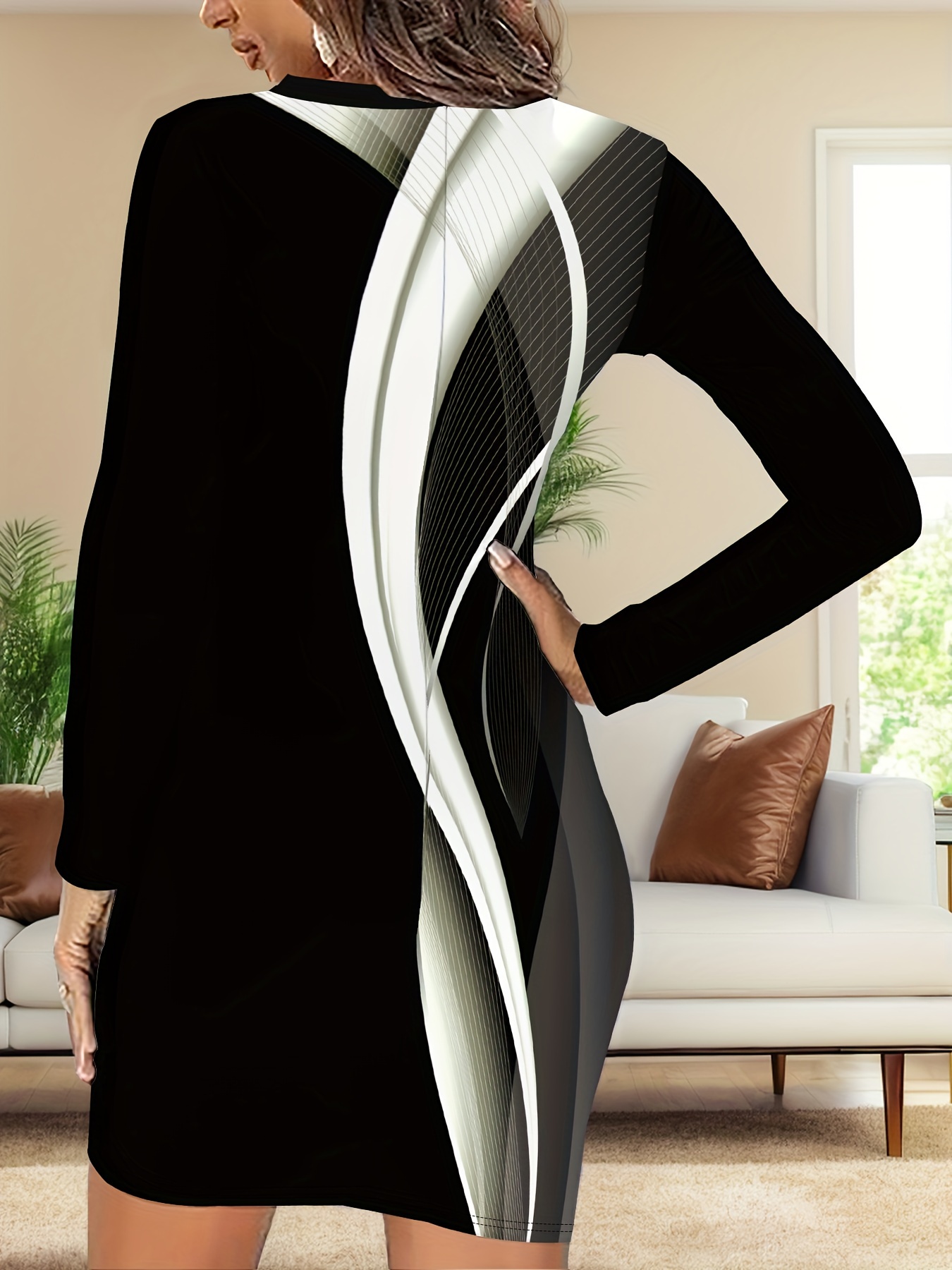Robe moulante élégante extensible imprimé géométrique à manches longues à col rond – Image 3
