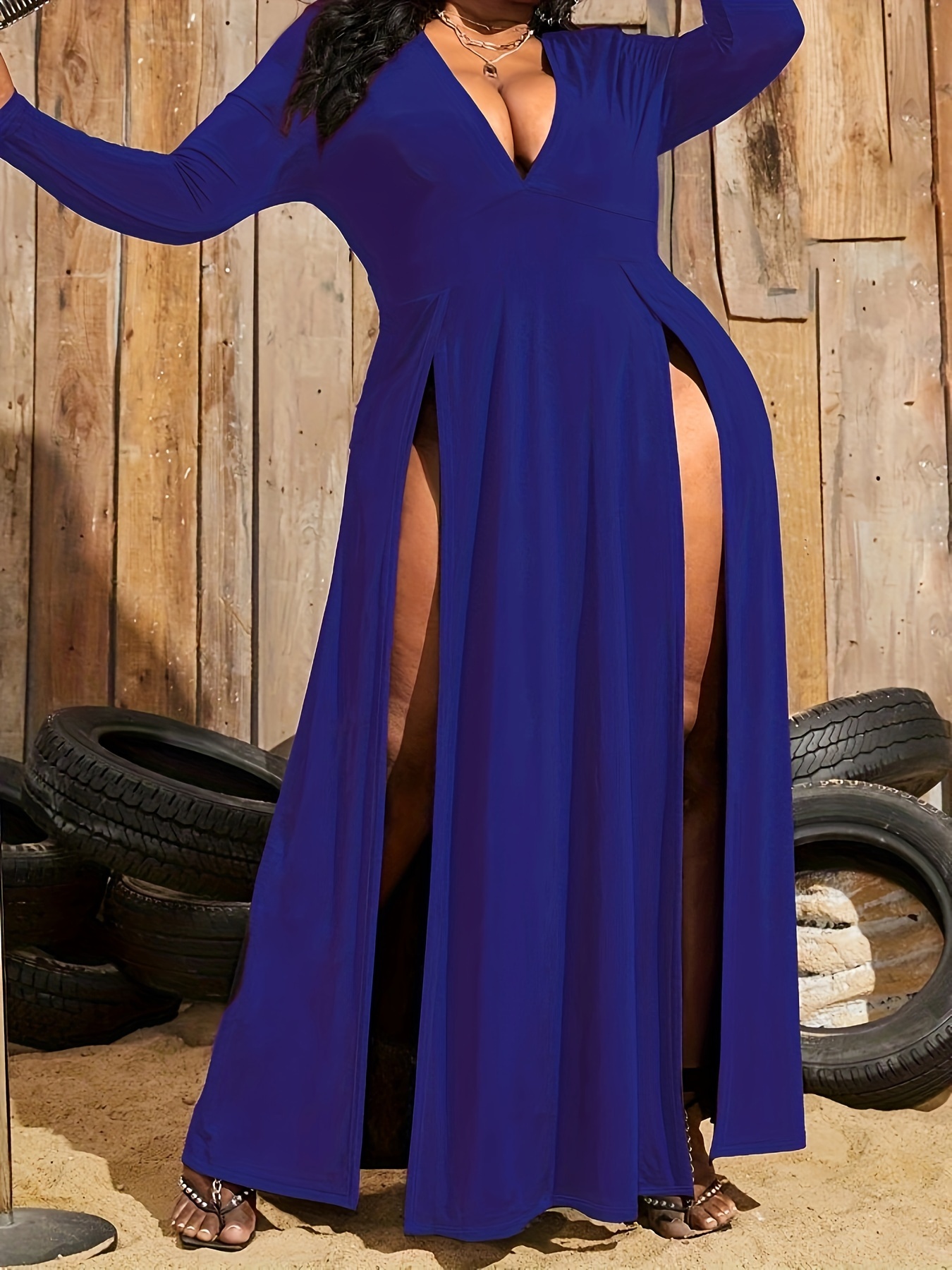 Robe sexy évasée à col V profond à manches longues – Image 9