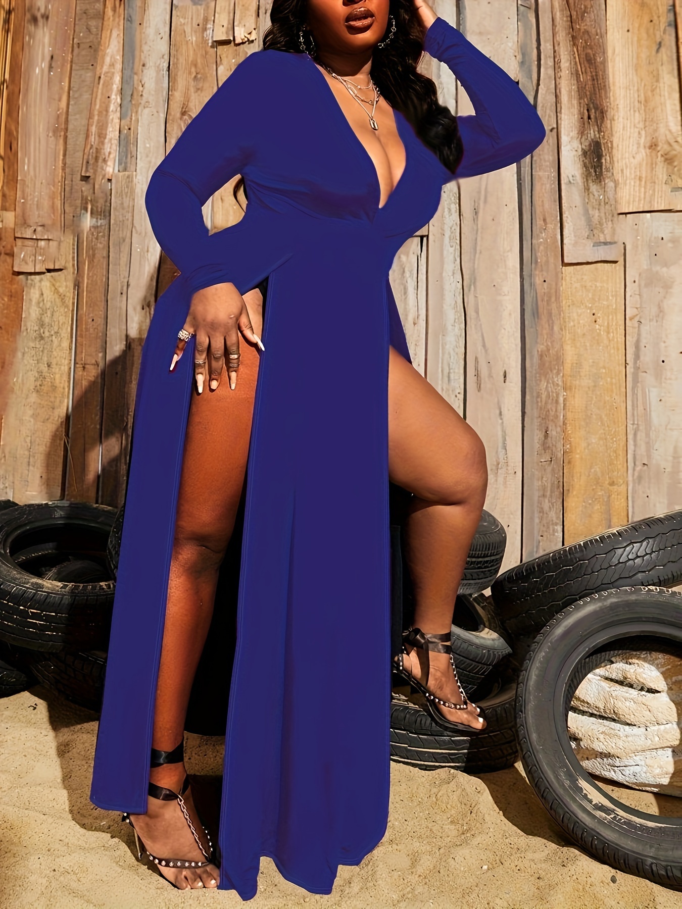 Robe sexy évasée à col V profond à manches longues – Image 4