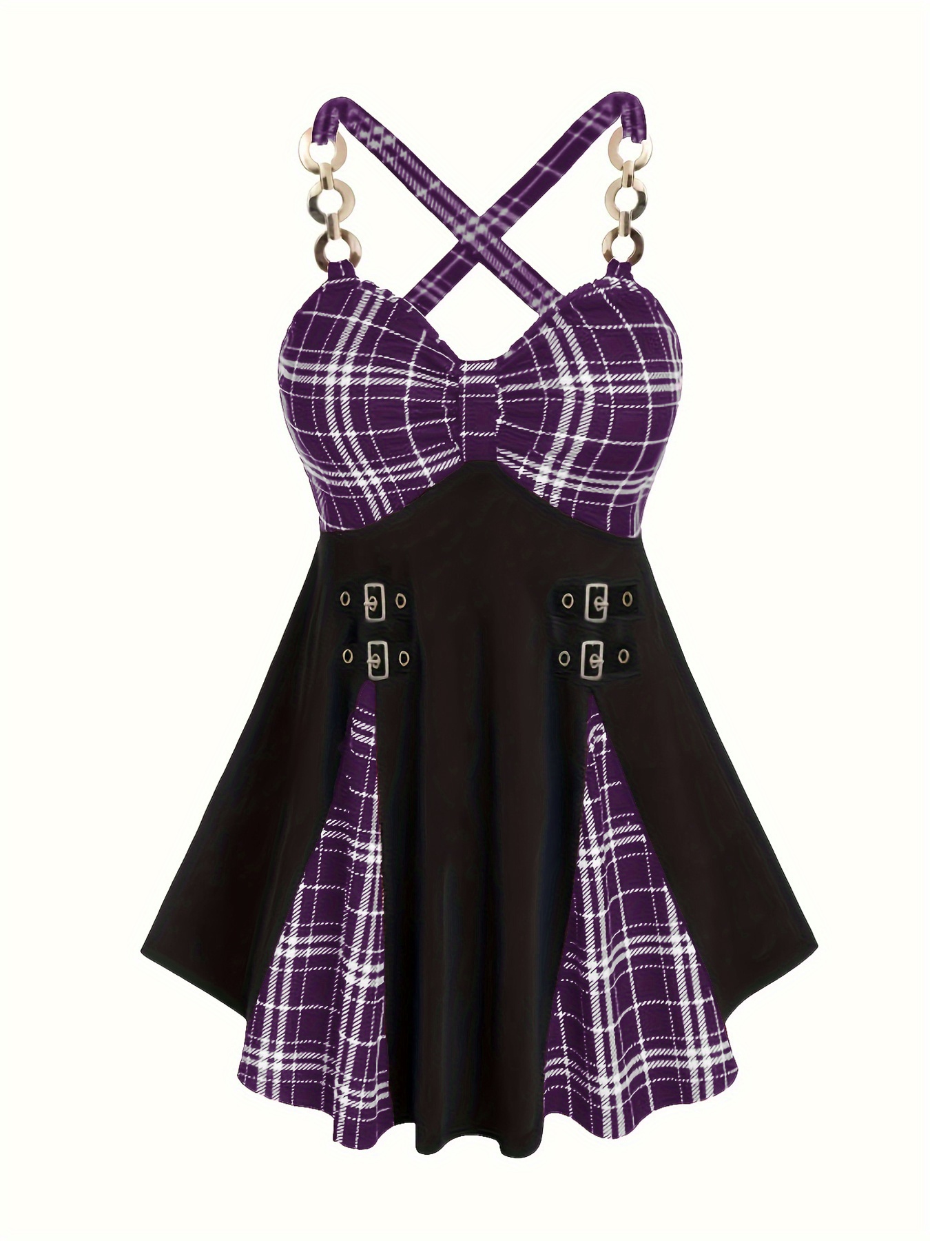 Robe élégante avec imprimé à carreaux & bretelles en métal sans manches – Image 4