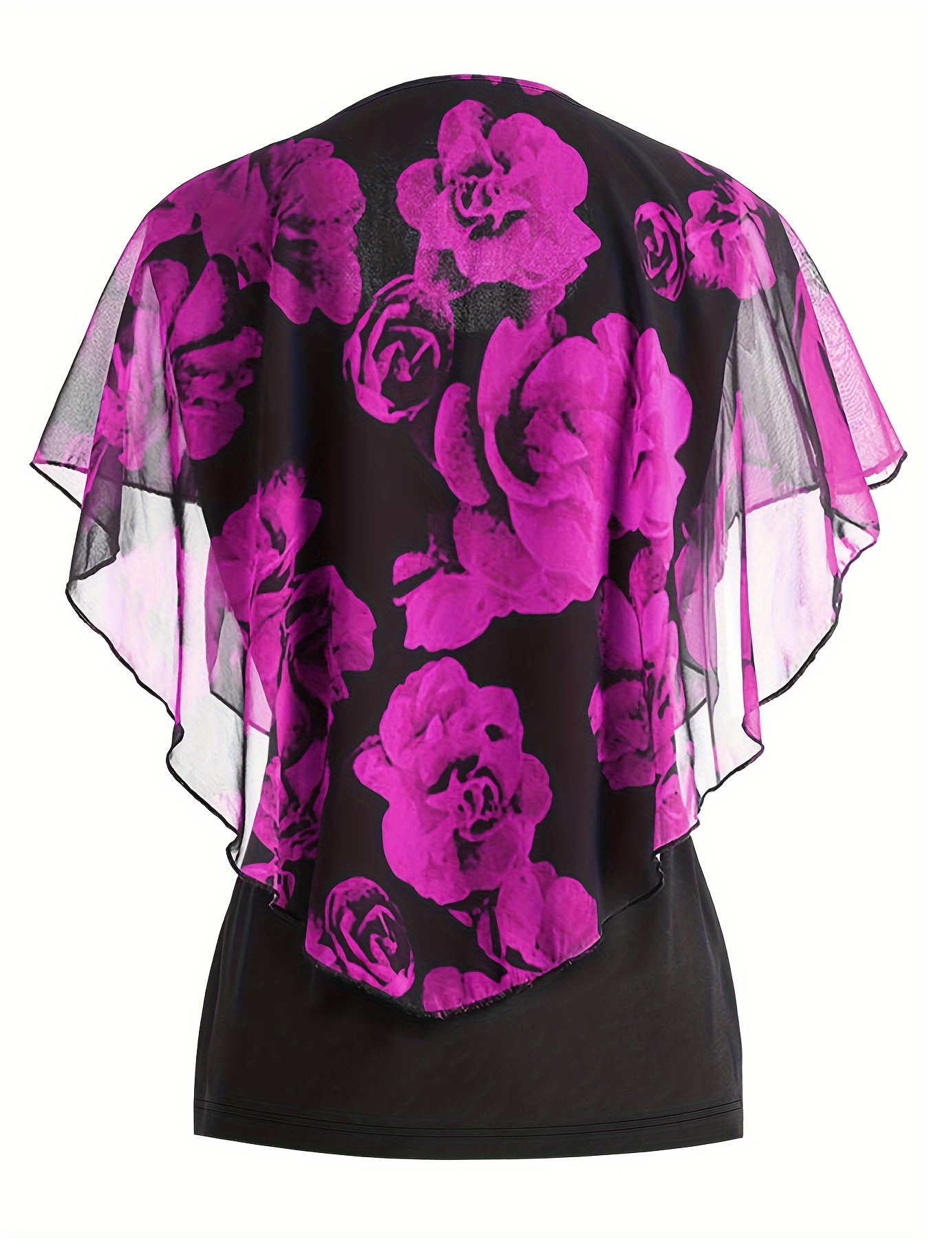 Blouse à col rond à manches chauve-souris en tissu extensible imprimé rose élégante avec illusion superposée – Image 7