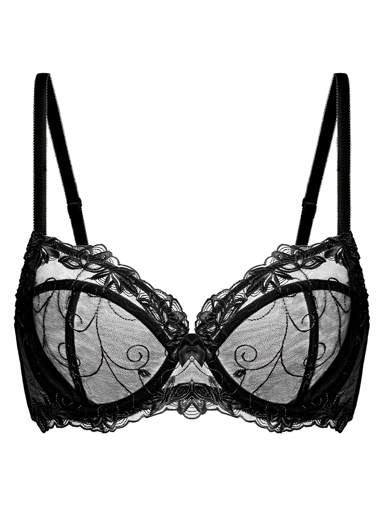 Soutien gorge en dentelle semi-transparente avec détail floral brodé & non doublé – Image 2