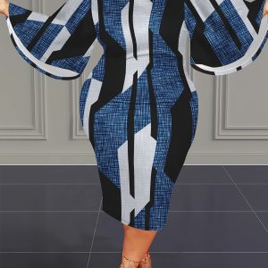 Robe à manches évasées à col rond imprimé blocs géométriques de couleur