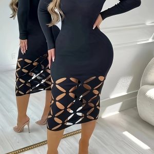Robe moulante extensible ajustée avec ourlet découpé géométrique à manches longues & col rond
