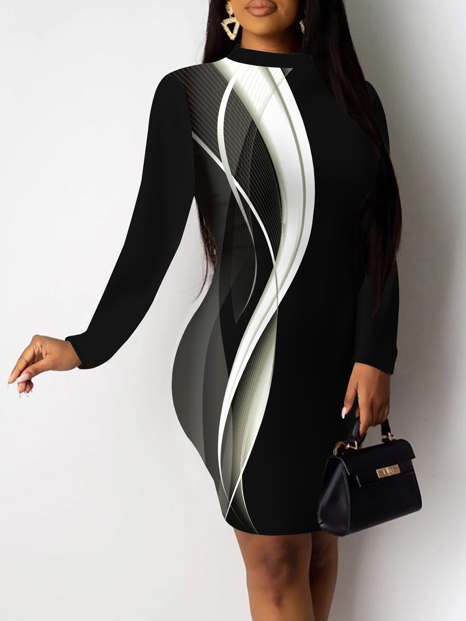 Robe moulante élégante extensible imprimé géométrique à manches longues à col rond – Image 2